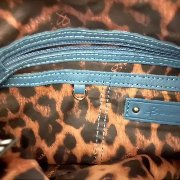 B Makowsky Teal Blue Leather Shoulder Bag w/ Studs + Leopard - Picture 4 of 10